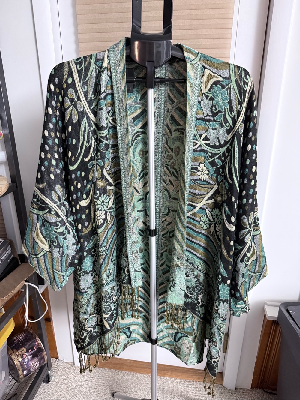 Bohemian Fringe Kimono Jacket - Black & Teal OS floral feminine polka dots India